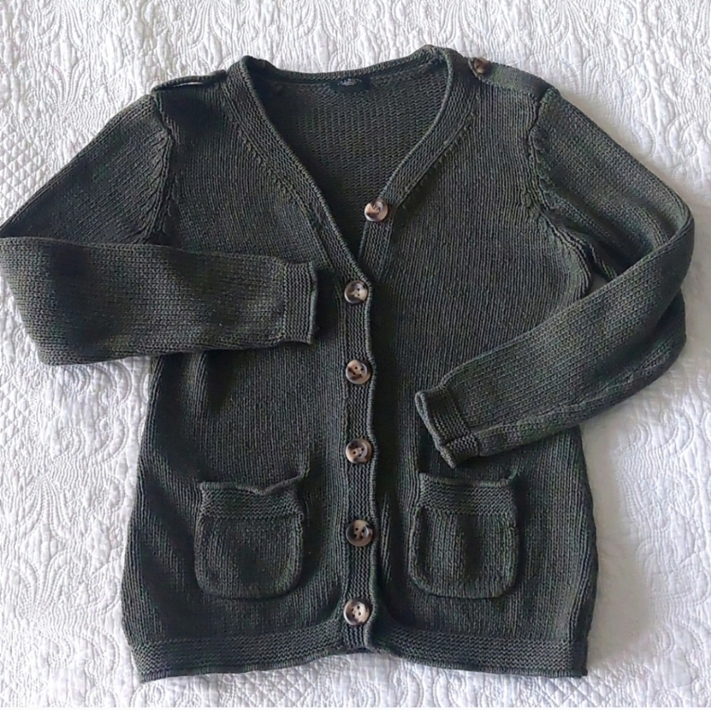 Talbots S Petite Green Cotton Knit Cardigan